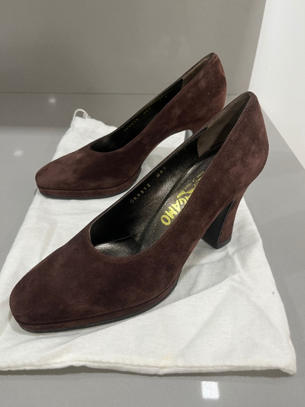 Ferragamo Brown Suede Platform Heels. Size 7B.